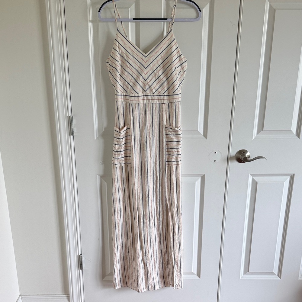 Monteau Linen/Rayon Red, Blue Off White Striped Sleeveless Maxi Dress Med